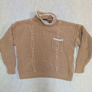 Vintage Beautiful Tan & White Cropped Cable Knit Sweater With Mock Neck Size Med